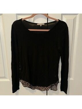 Red Haute Black Linen Leopard Print Sheer Top